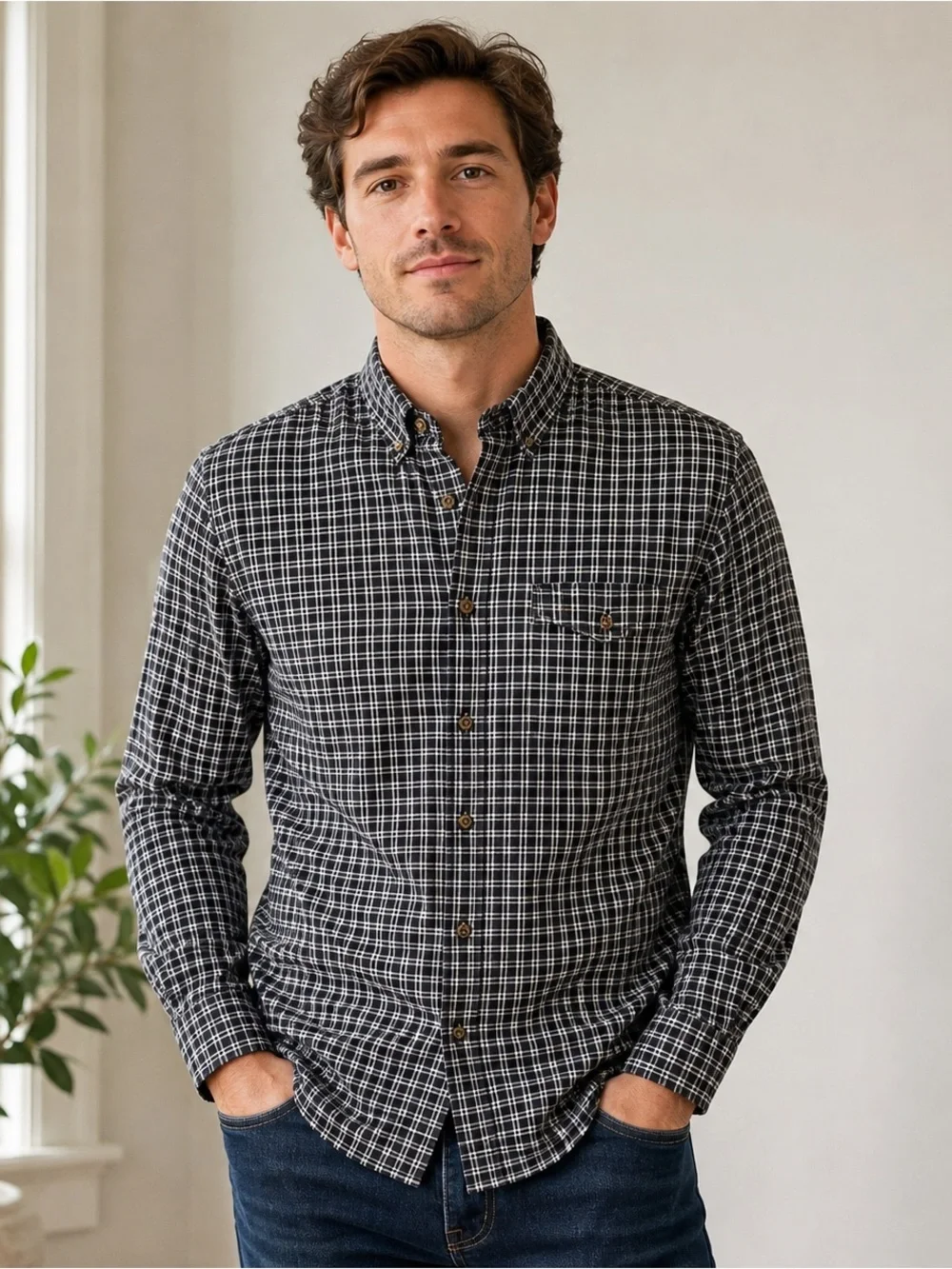 J.Crew Men’s Brushed Twill Button Down Shirt Black White Check Plaid Size M